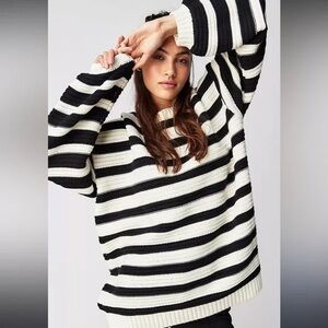 Free People Links Striped Black and White Oversized  Sweater